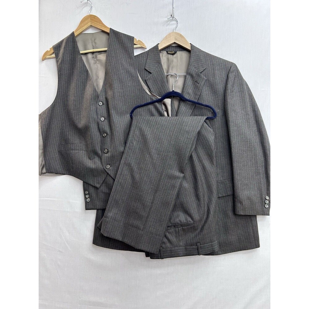 Men’s Vintage 3 Piece Suit Brown Pinstripe Wool 1970s-80s Size 46R Larry Rubin